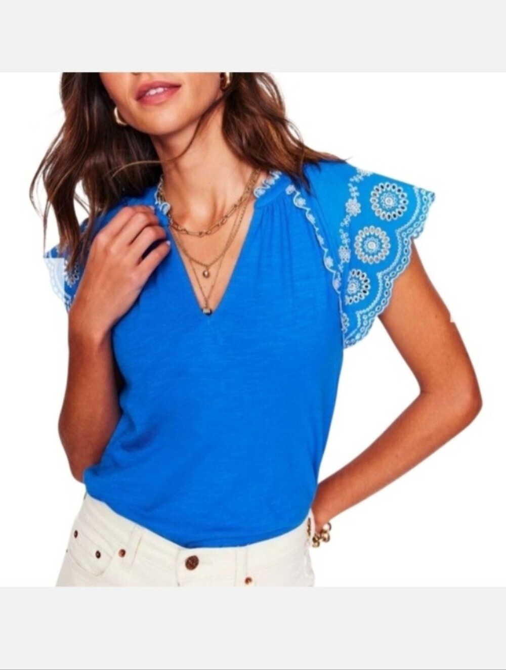 Boden Blue Ila Broderie Sleeve Notch Top 16-18